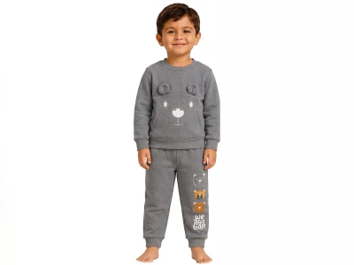 Toptan BİTTOŞ KİDS Ayıcık Baskılı Kanguru Cepli 3 İp Şardonlu Erkek Takım  - Toptan Çocuk Giyim Beniz Kids
