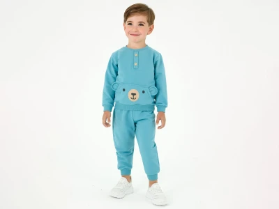 Toptan BICIR KİDS Ayıcık Baskılı Kanguru Cepli Erkek Takım  - Toptan Çocuk Giyim Beniz Kids