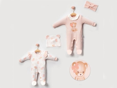 Ayıcık Baskılı Kız Bebe Tulum Set