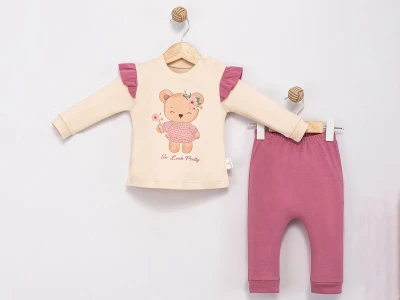 Toptan MİNİMAİ Ayıcık Baskılı Kız Bebek Takım VİŞNEÇÜRÜĞÜ - Beniz Bebe