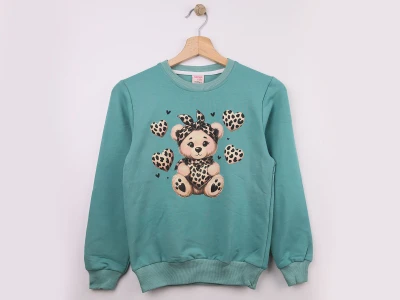 Toptan WENGE KİDS Ayıcık Baskılı Kız Sweat Eggshell blue - Beniz Bebe