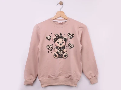 Toptan WENGE KİDS Ayıcık Baskılı Kız Sweat Beige - Beniz Bebe