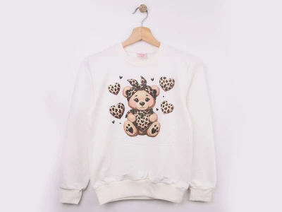 Toptan WENGE KİDS Ayıcık Baskılı Kız Sweat White - Beniz Bebe