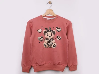 Toptan WENGE KİDS Ayıcık Baskılı Kız Sweat Rose - Beniz Bebe