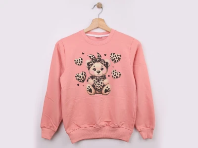Toptan WENGE KİDS Ayıcık Baskılı Kız Sweat Pink - Beniz Bebe