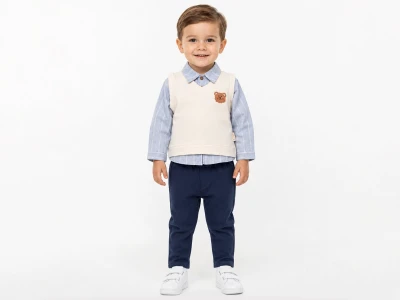 Ayıcık Baskılı Kolsuz Süveterli Erkek Bebe Üçlü Takım 