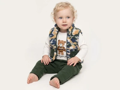 Toptan ELCİ BABY Ayıcık Baskılı Peluş Yelekli Erkek Bebe Üçlü Takım  YEŞİL - Beniz Bebe
