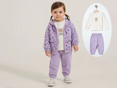 Toptan ÇITIR KİDS Ayıcık Baskılı Şapkalı Hırkalı Kız Bebe Üçlü Takım  - Toptan Çocuk Giyim Beniz Kids