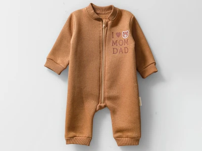 Toptan BAM-BİNO Ayıcık Baskılı Şardonlu 3 İp Bebek Tulum KAHVERENGİ - Beniz Bebe