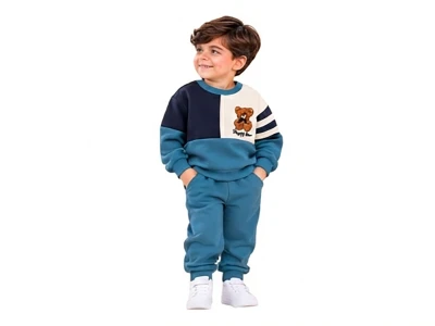Toptan BICIR KİDS Ayıcık Baskılı Şardonlu 3 İp Erkek Takım - Toptan Çocuk Giyim Beniz Kids