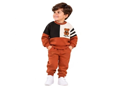 Toptan BICIR KİDS Ayıcık Baskılı Şardonlu 3 İp Erkek Takım TURUNCU - Beniz Bebe
