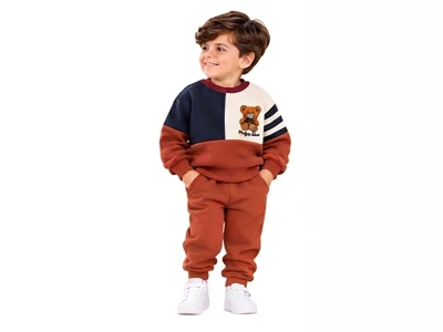 Toptan BICIR KİDS Ayıcık Baskılı Şardonlu 3 İp Erkek Takım KİREMİT - Beniz Bebe