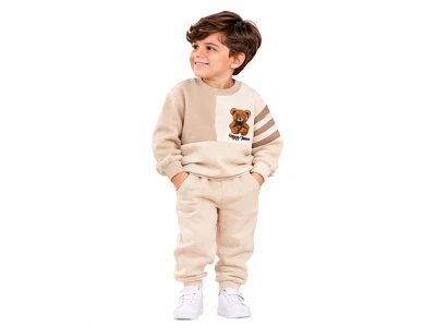 Toptan BICIR KİDS Ayıcık Baskılı Şardonlu 3 İp Erkek Takım BEJ - Beniz Bebe
