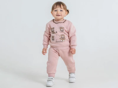 Toptan PAMPAL KİDS Ayıcık Baskılı Taş Detaylı 3 İp Şardonlu Kız Bebe Takım  PEMBE - Beniz Bebe
