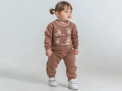 Toptan PAMPAL KİDS Ayıcık Baskılı Taş Detaylı 3 İp Şardonlu Kız Bebe Takım  KAHVERENGİ - Beniz Bebe