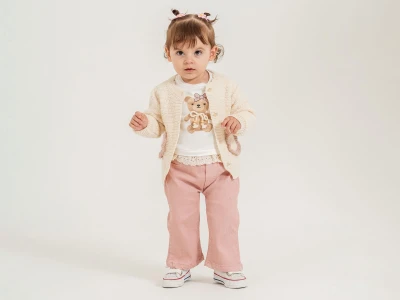 Toptan PAMPAL KİDS Ayıcık Baskılı Triko Hırkalı Üçlü Kız Takım - Toptan Çocuk Giyim Beniz Kids