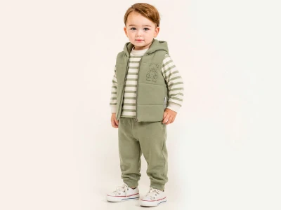 Toptan ÇITIR KİDS Ayıcık Baskılı Yelekli Erkek Bebe Takım  SUYEŞİLİ - Beniz Bebe