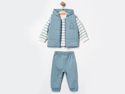 Toptan ÇITIR KİDS Ayıcık Baskılı Yelekli Erkek Bebe Takım  MAVİ - Beniz Bebe