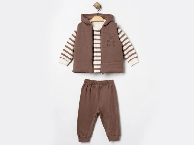 Toptan ÇITIR KİDS Ayıcık Baskılı Yelekli Erkek Bebe Takım  KOYUKAHVE - Beniz Bebe