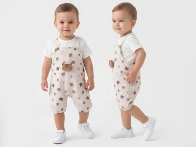 Ayıcık Desenli Bebe İkili Salopet Set