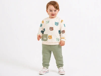 Toptan ÇITIR KİDS Ayıcık Desenli Cepli Erkek Bebe Takım  - Toptan Çocuk Giyim Beniz Kids