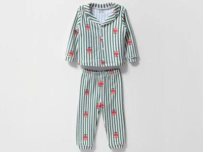 Toptan DOLAŞ Ayıcık Desenli Çizgili Erkek Bebe Pijama Takım  YEŞİL - Beniz Bebe
