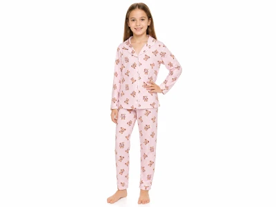 Toptan DOLAŞ Ayıcık Desenli Düğmeli Kız Pijama Takım  - Toptan Çocuk Giyim Beniz Kids