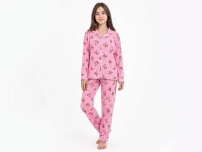 Toptan DOLAŞ Ayıcık Desenli Düğmeli Kız Pijama Takım  - Toptan Çocuk Giyim Beniz Kids