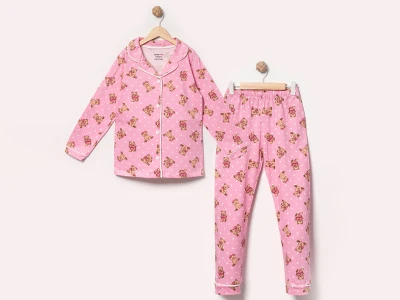 Toptan DOLAŞ Ayıcık Desenli Düğmeli Kız Pijama Takım  PEMBE - Beniz Bebe