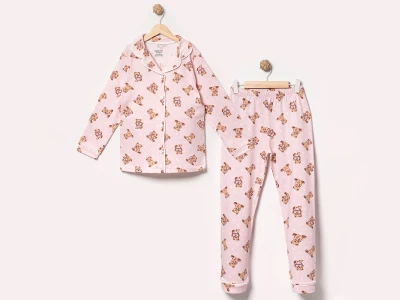 Toptan DOLAŞ Ayıcık Desenli Düğmeli Kız Pijama Takım  AÇIKPEMBE - Beniz Bebe