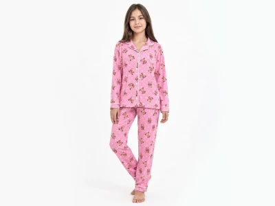 Toptan DOLAŞ Ayıcık Desenli Düğmeli Yetişkin Beden Pijama Takım  PEMBE - Beniz Bebe