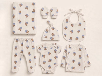 Toptan KAYRA Ayıcık Desenli Erkek Bebe Hastane Çıkışı 7'li Set - Toptan Çocuk Giyim Beniz Kids