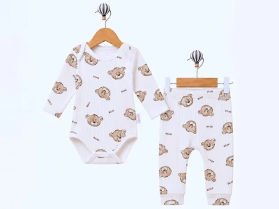 Toptan SÜPERMİNİ  Ayıcık Desenli Erkek Bebe Takım KAHVERENGİ - Beniz Bebe