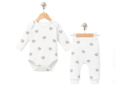 Toptan SÜPERMİNİ  Ayıcık Desenli Erkek Bebe Takım BEYAZ - Beniz Bebe
