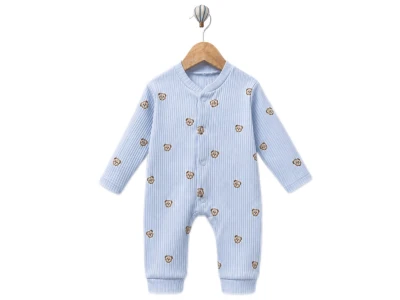 Toptan SÜPERMİNİ  Ayıcık Desenli Erkek Bebe Tulum AÇIKMAVİ - Beniz Bebe