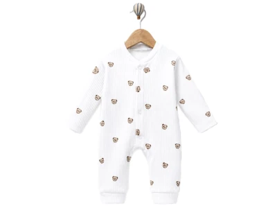 Toptan SÜPERMİNİ  Ayıcık Desenli Erkek Bebe Tulum BEYAZ - Beniz Bebe