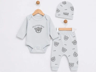Toptan SÜPERMİNİ  Ayıcık Desenli Erkek Bebe Üçlü Takım  - Toptan Çocuk Giyim Beniz Kids