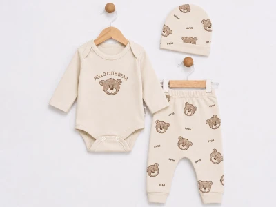 Toptan SÜPERMİNİ  Ayıcık Desenli Erkek Bebe Üçlü Takım  BEJ - Beniz Bebe