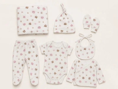 Toptan KAYRA Ayıcık Desenli Kız Bebe Hastane Çıkışı 7'li Zıbın Set  - Toptan Çocuk Giyim Beniz Kids