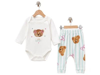 Toptan SÜPERMİNİ  Ayıcık Desenli Kız Bebe Takım - Toptan Çocuk Giyim Beniz Kids