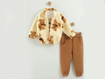 Toptan MİNİ BARAY Ayıcık Desenli Peluş Hırkalı Üçlü Erkek Takım - Toptan Çocuk Giyim Beniz Kids
