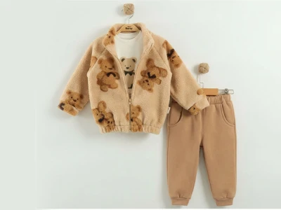 Toptan MİNİ BARAY Ayıcık Desenli Peluş Hırkalı Üçlü Erkek Takım KAHVERENGİ - Beniz Bebe