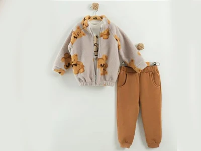 Toptan MİNİ BARAY Ayıcık Desenli Peluş Hırkalı Üçlü Erkek Takım GRİ - Beniz Bebe