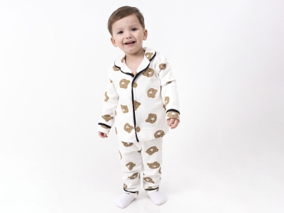 Ayıcık Desenli Raporlu Yakalı Düğmeli Erkek Pijama Takım