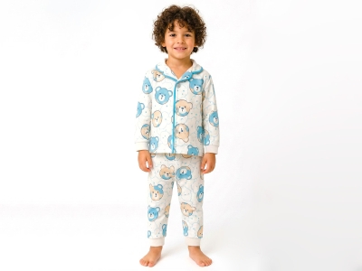 Ayıcık Desenli Yakalı Düğmeli Erkek Pijama Takım