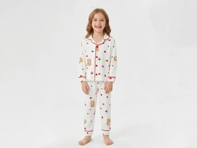 Ayıcık Desenli Yakalı Düğmeli Kız Pijama Takım