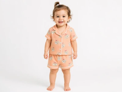 Ayıcık Desenli Yakalı Düğmeli Kız Pijama Takım