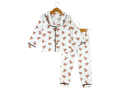 Ayıcık Desenli Yakalı Düğmeli Unisex Pijama Takım