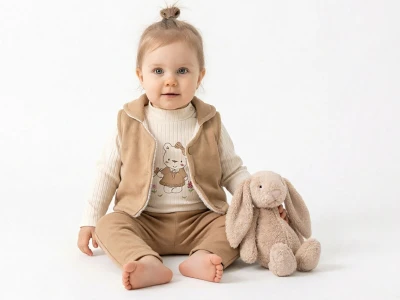 Toptan ELCİ BABY Ayıcık Desenlı Yelekli Kız Bebe Üçlü Takım  - Toptan Çocuk Giyim Beniz Kids