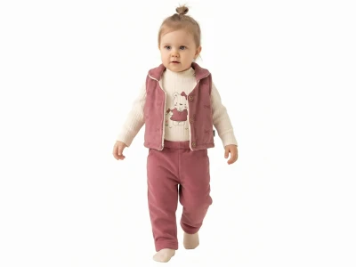 Toptan ELCİ BABY Ayıcık Desenlı Yelekli Kız Bebe Üçlü Takım  VİŞNEÇÜRÜĞÜ - Beniz Bebe